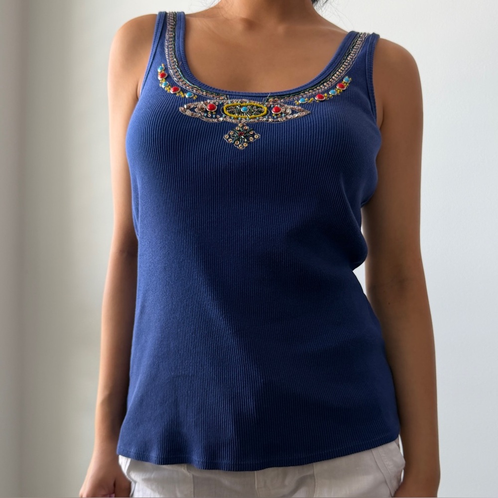 90s Laundry by Shelli Segal Blue Beaded Cotton Tank - Medium